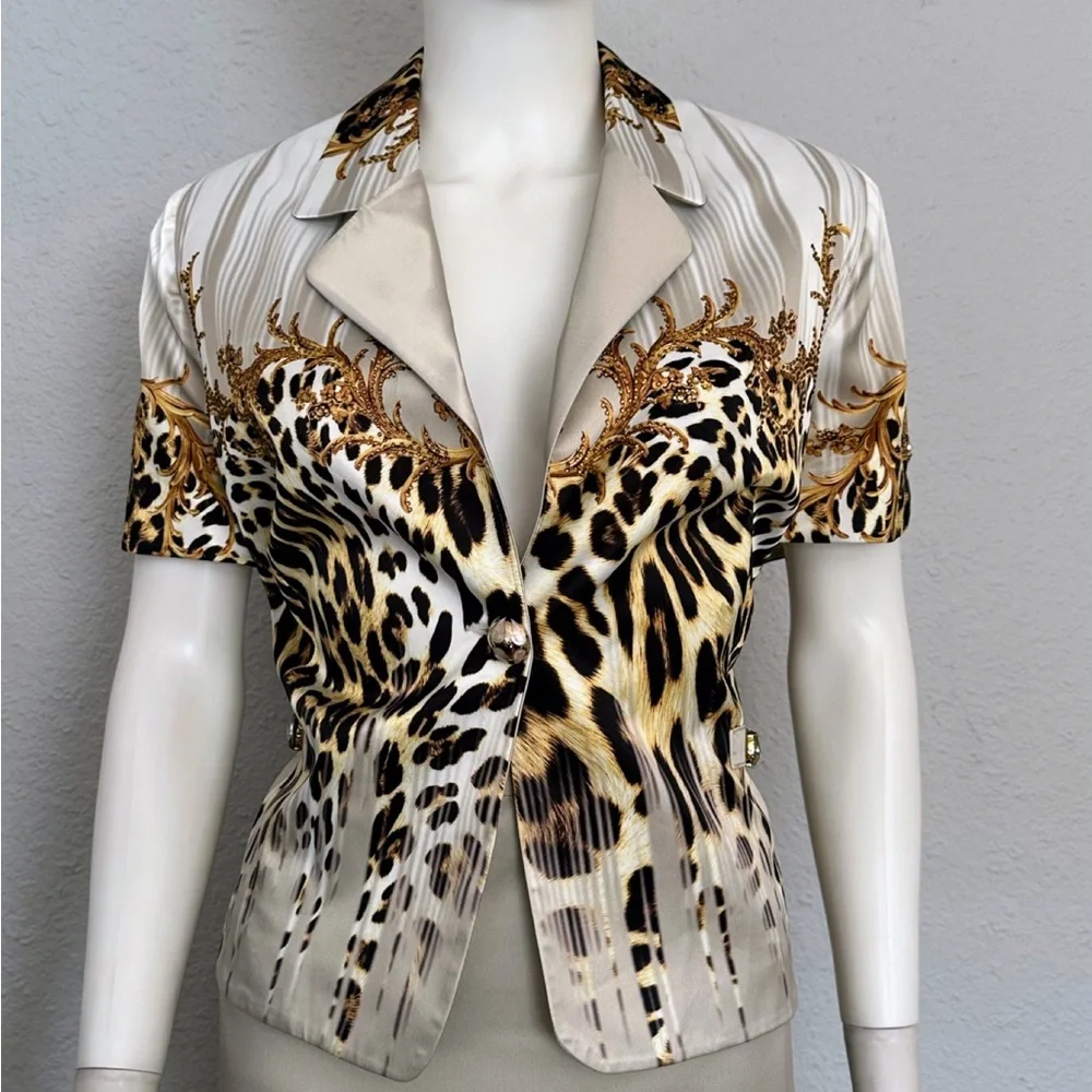 POLEN POE‎ SATIN SKIRT SUIT SET JACKET/SKIRT ANIMAL PRINT SHORT SLEEVES FORMAL